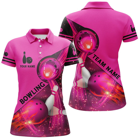 Pink Flammen-Bowling-Shirts für Damen – Bowling-Team-Liga-Trikot, Individuelle pinkfarbene Bowling-Poloshirts NQS6541