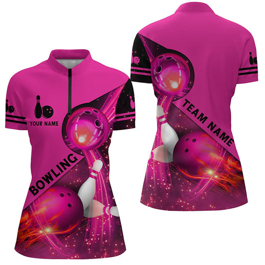 Pink Flammen-Bowling-Shirts für Damen – Bowling-Team-Liga-Trikot, Individuelles leichtes Bowling-Quarter-Zip-Shirt NQS6541