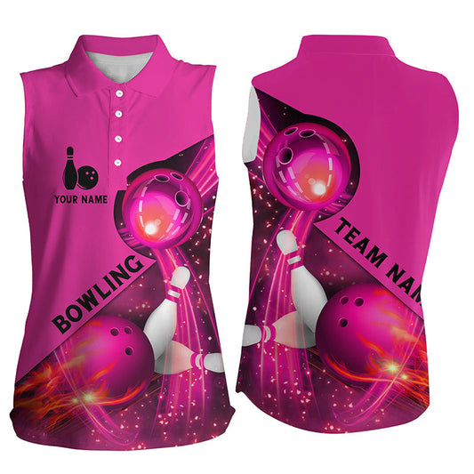 Pink Flammen-Bowling-Shirts für Damen – Team-Liga-Trikot, Individuelle ärmellose Bowling-Poloshirts NQS6541