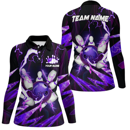 Flammen-Blitz-Donner Bowlingkugel & Pins Trikots – Individuelle Team-Bowling-Poloshirts für Damen | Lila NQS6550