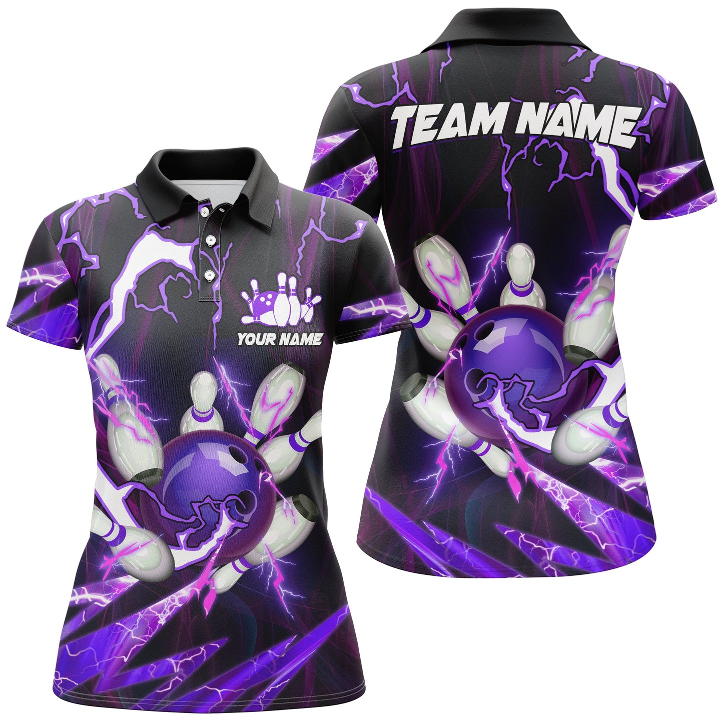 Flammen-Blitz-Donner Bowlingkugel & Pins Trikots – Individuelle Team-Bowling-Poloshirts für Damen | Lila NQS6550