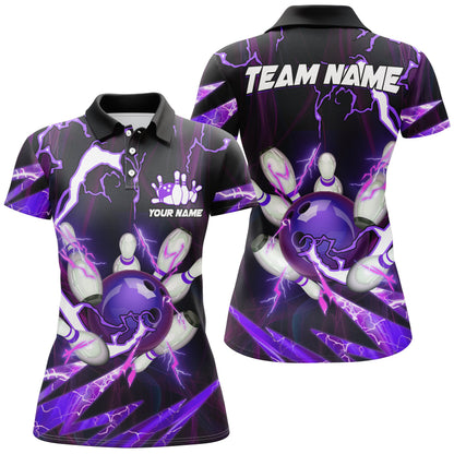 Flammen-Blitz-Donner Bowlingkugel & Pins Trikots – Individuelle Team-Bowling-Poloshirts für Damen | Lila NQS6550