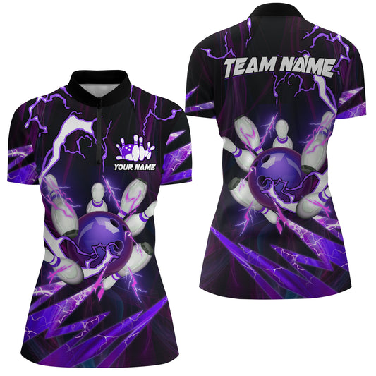Flammen-Blitz-Donner Bowlingkugel & Pins Trikots – Individuelle Team-Bowling-Quarter-Zip-Shirts für Damen | Lila NQS6550