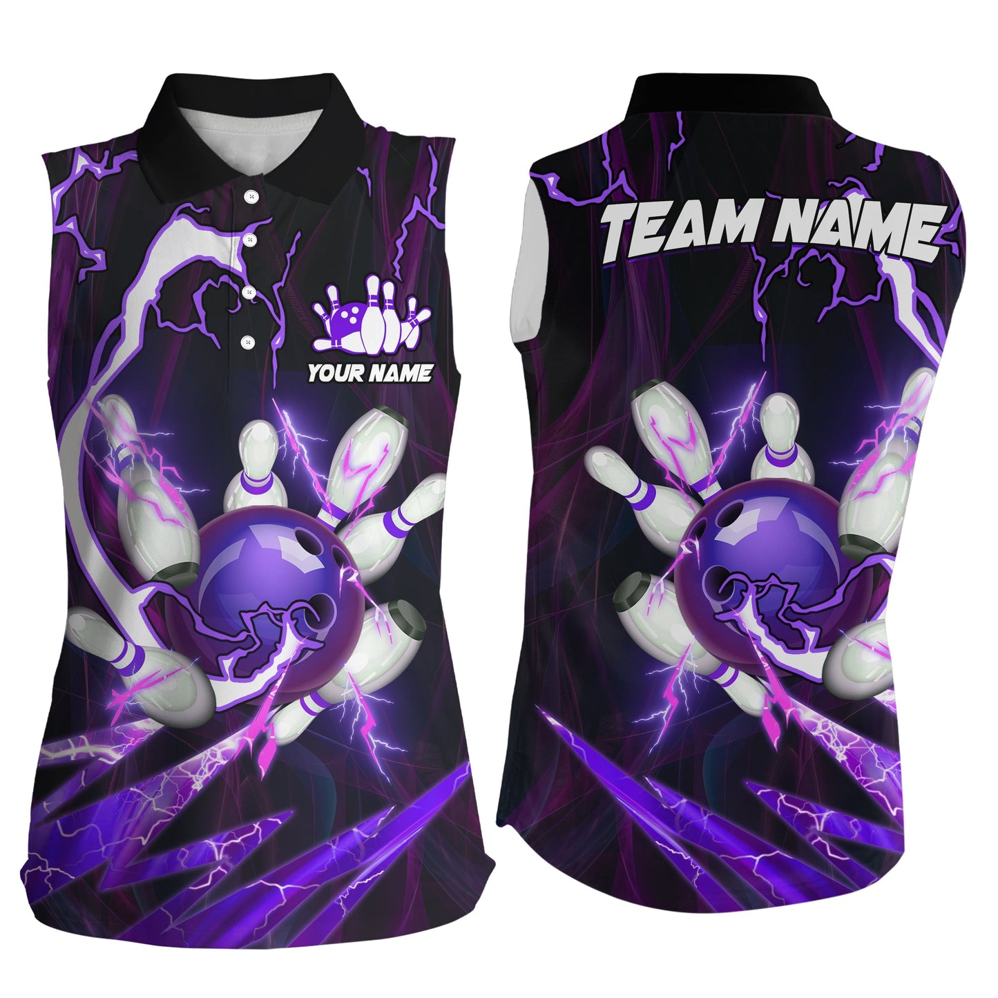 Flammen-Blitz-Donner Bowlingkugel & Pins Trikots – Individuelle Team-Bowling-Ärmellose Poloshirts für Damen | Lila NQS6550