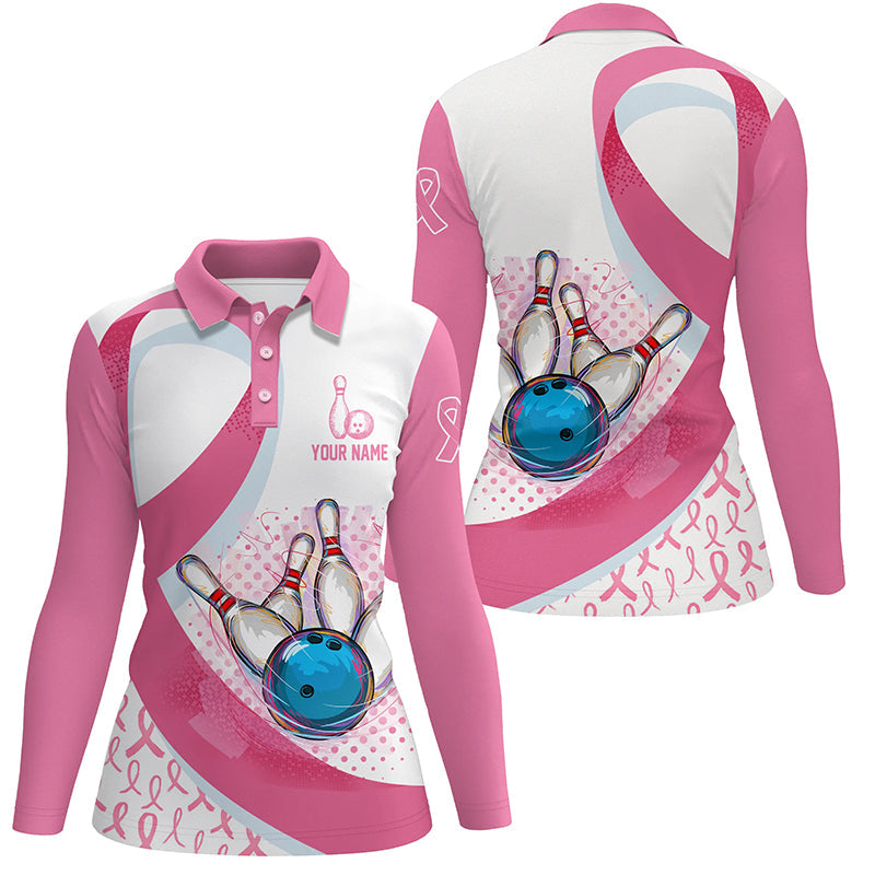 Damen-Bowling-Poloshirt – Pink Ribbon Bowlingkugel & Pins, Brustkrebs-Bewusstsein, Bowling-Trikots NQS6338