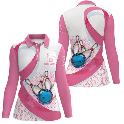 Damen-Bowling-Poloshirt – Pink Ribbon Bowlingkugel & Pins, Brustkrebs-Bewusstsein, Bowling-Trikots NQS6338