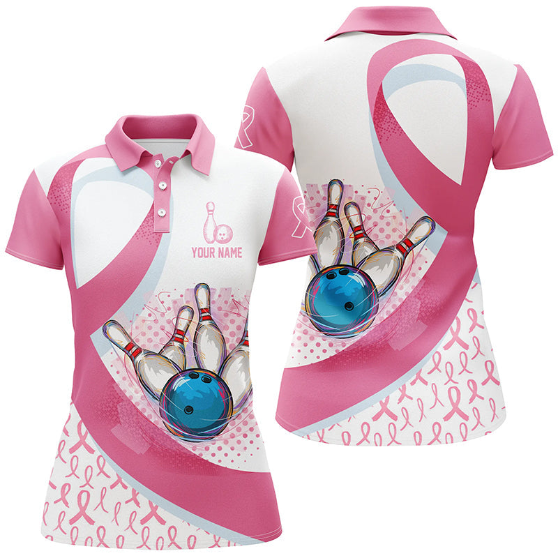 Damen-Bowling-Poloshirt – Pink Ribbon Bowlingkugel & Pins, Brustkrebs-Bewusstsein, Bowling-Trikots NQS6338