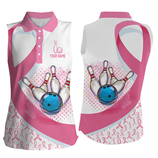 Damen-Ärmelloses Bowling-Poloshirt – Pink Ribbon Bowlingkugel & Pins, Brustkrebs-Bewusstsein, Bowling-Trikots NQS6338