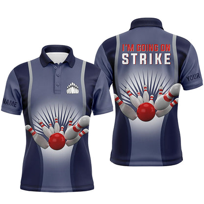 "I'm Going on Strike" personalisierte Bowling-Poloshirts für Männer, personalisierte Team-Bowlingtrikots | Blau NQS4667