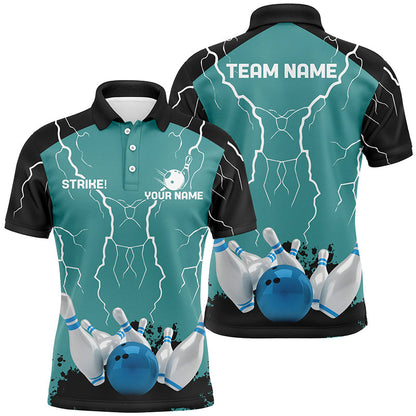 Herren-Bowling-Poloshirt – Individuelles „Strike“-Blitz-Donner-Team-Liga-Trikot | Türkis NQS6342