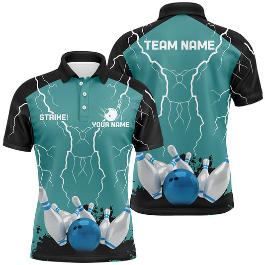 Herren-Bowling-Poloshirt – Individuelles „Strike“-Blitz-Donner-Team-Liga-Trikot | Türkis NQS6342