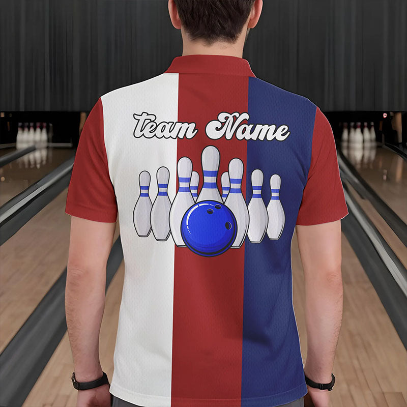 Personalisierte Rot-weiß-blaue Retro-Bowling-Poloshirts für Herren – Individuelle Vintage-Bowling-Team-Trikots NQS6569
