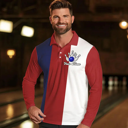 Personalisierte Rot-weiß-blaue Retro-Bowling-Poloshirts für Herren – Individuelle Vintage-Bowling-Team-Trikots NQS6569