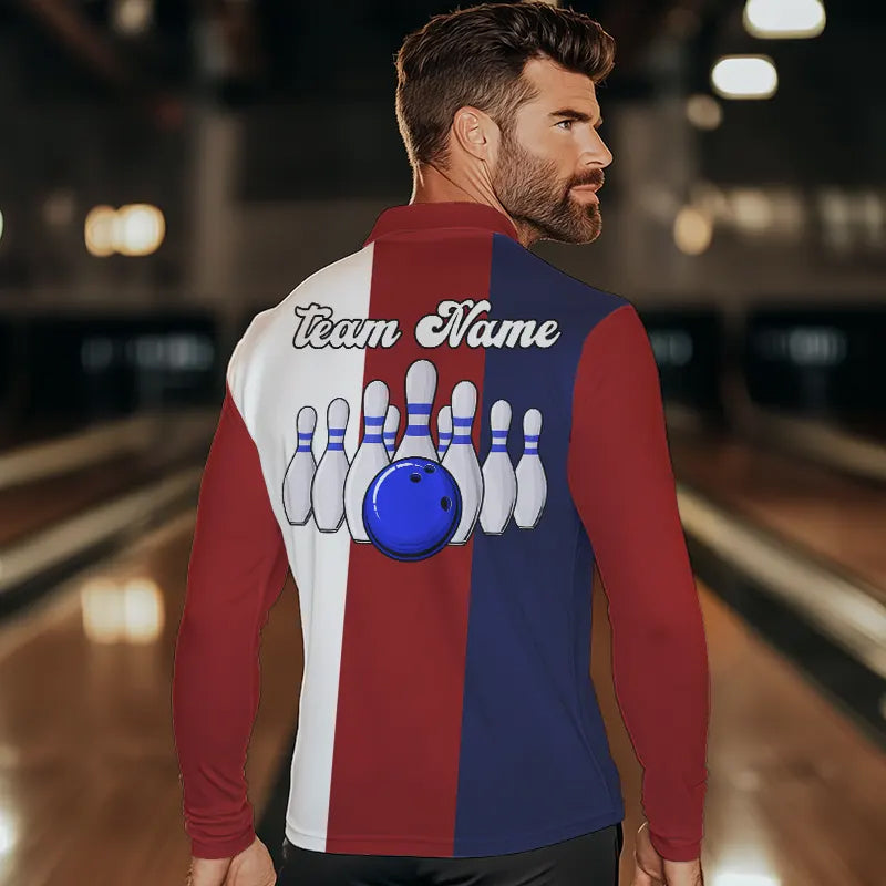 Personalisierte Rot-weiß-blaue Retro-Bowling-Poloshirts für Herren – Individuelle Vintage-Bowling-Team-Trikots NQS6569