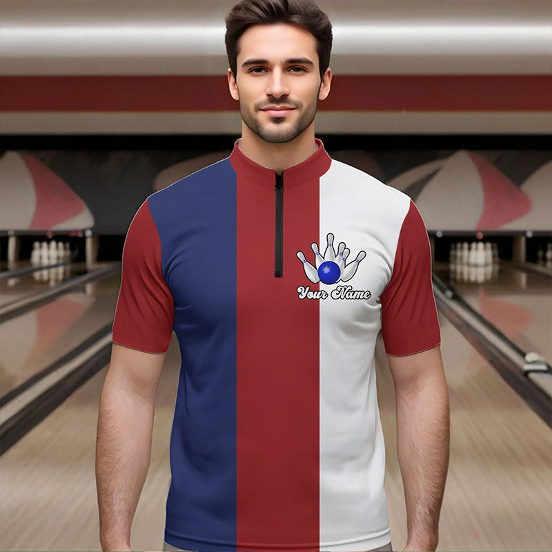 Personalisierte Rot-weiß-blaue Retro-Bowling-Quarter-Zip-Shirts für Herren – Individuelle Bowling-Team-Trikots NQS6569