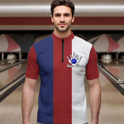 Personalisierte Rot-weiß-blaue Retro-Bowling-Quarter-Zip-Shirts für Herren – Individuelle Bowling-Team-Trikots NQS6569