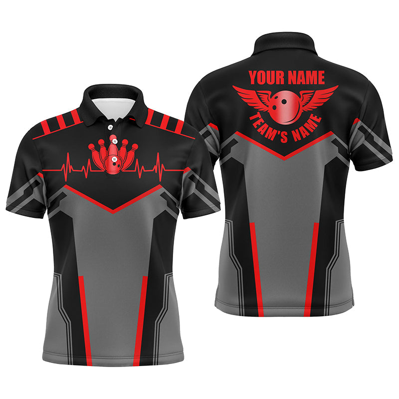 Bowlinghemden für Männer, personalisierter Name und Teamname, Bowlingkugel und Pins, Team-Bowlinghemden | Rot NQS4529
