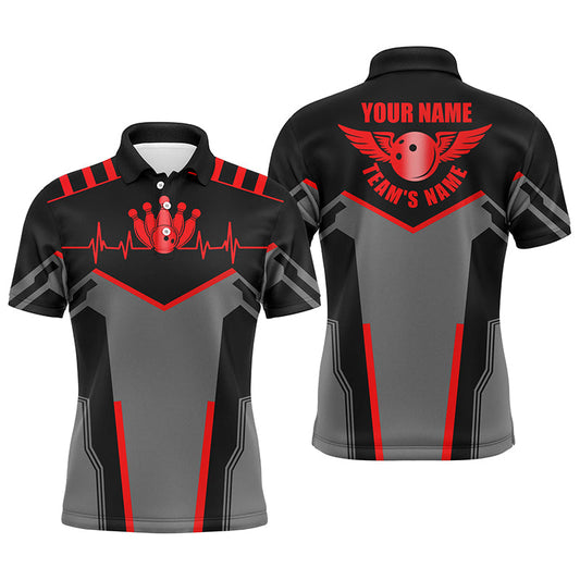 Bowlinghemden für Männer, personalisierter Name und Teamname, Bowlingkugel und Pins, Team-Bowlinghemden | Rot NQS4529