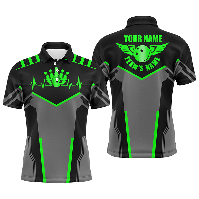 Bowlinghemden für Männer, personalisierter Name und Teamname, Bowlingkugel und Pins, Team-Bowlinghemden | Grün NQS4530