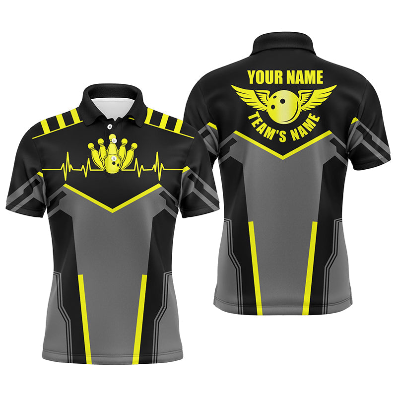 Bowlinghemden für Männer, personalisierter Name und Teamname, Bowlingkugel und Pins, Team-Bowlinghemden | Gelb NQS4531