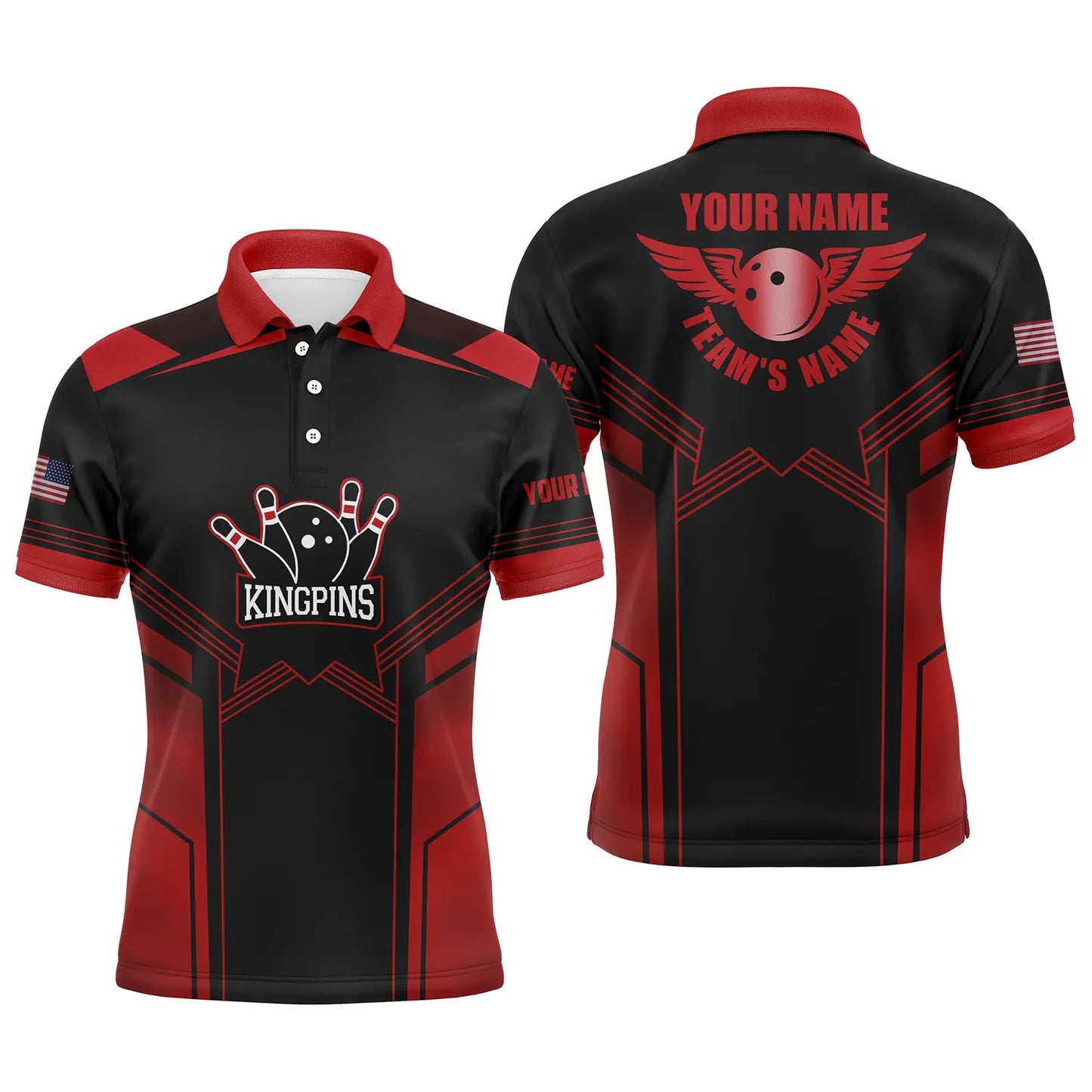 Rot-schwarze Bowling-Poloshirts für Männer, personalisierter Name und Teamname, Bowling-Team-Poloshirts NQS4728
