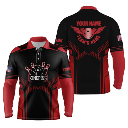 Rot-schwarze Bowling-Poloshirts für Männer, personalisierter Name und Teamname, Bowling-Team-Poloshirts NQS4728