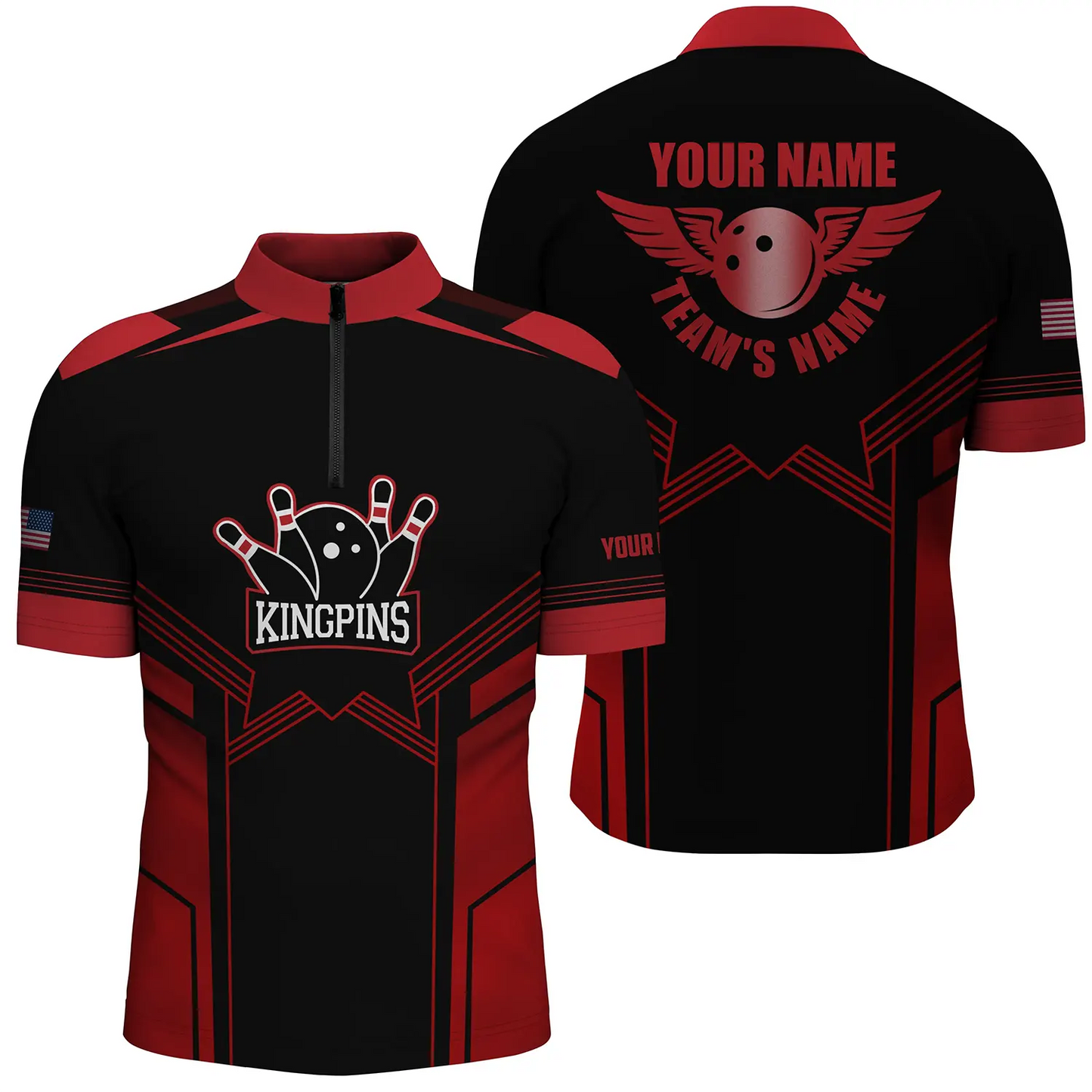 Rot-schwarze Bowlinghemden mit Viertelreißverschluss für Männer, personalisierter Name und Teamname, Bowling-Teamhemden NQS4728