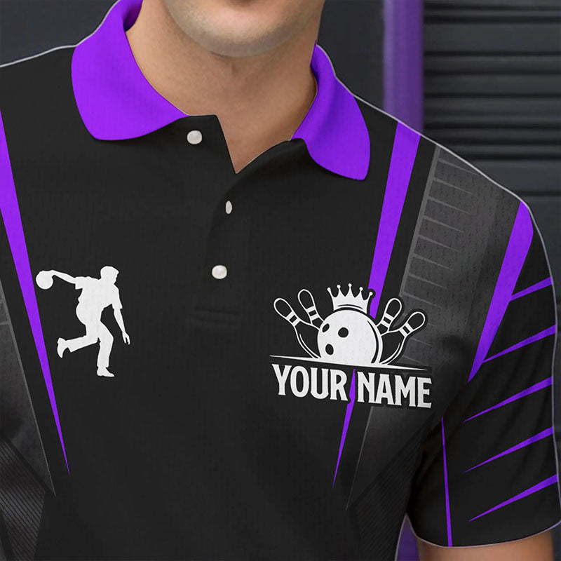 Schwarzes Herren-Bowling-Poloshirt – Individueller Name, Herren-Bowler-Trikot, Team-Bowling-Outfits | Lila NQS6132