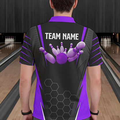 Schwarzes Herren-Bowling-Poloshirt – Individueller Name, Herren-Bowler-Trikot, Team-Bowling-Outfits | Lila NQS6132