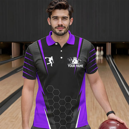 Schwarzes Herren-Bowling-Poloshirt – Individueller Name, Herren-Bowler-Trikot, Team-Bowling-Outfits | Lila NQS6132