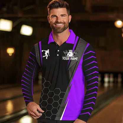 Schwarzes Herren-Bowling-Poloshirt – Individueller Name, Herren-Bowler-Trikot, Team-Bowling-Outfits | Lila NQS6132
