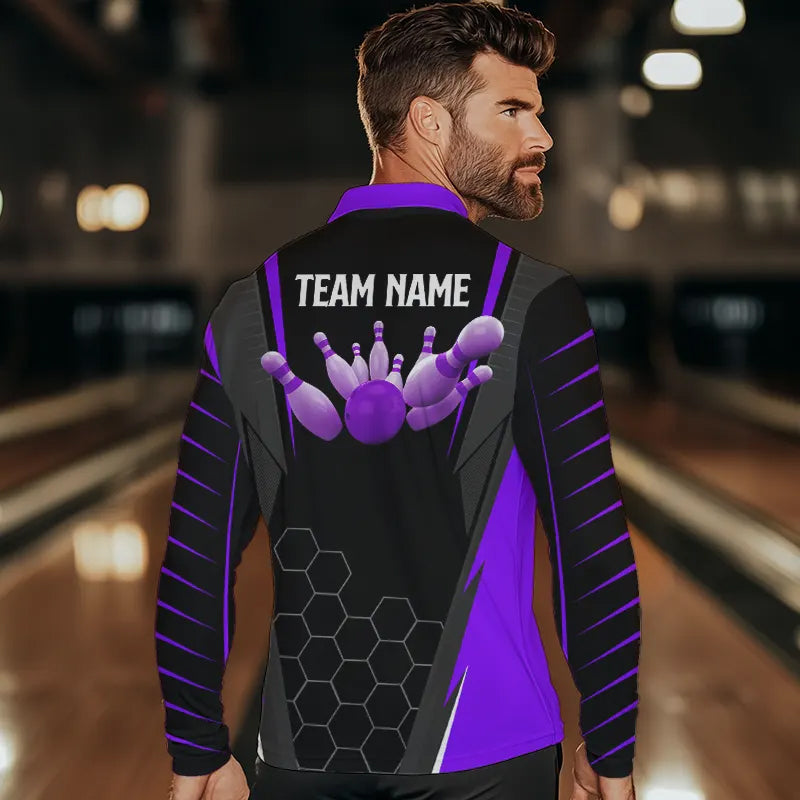 Schwarzes Herren-Bowling-Poloshirt – Individueller Name, Herren-Bowler-Trikot, Team-Bowling-Outfits | Lila NQS6132