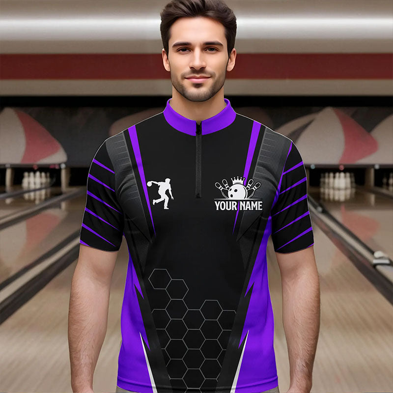 Schwarzes Herren-Bowling-Quarter-Zip-Shirt – Individueller Name, Herren-Bowler-Trikot, Team-Bowling-Outfits | Lila NQS6132