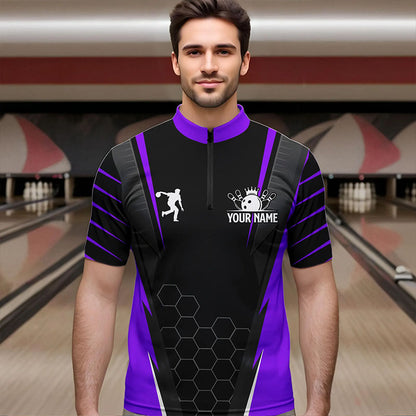 Schwarzes Herren-Bowling-Quarter-Zip-Shirt – Individueller Name, Herren-Bowler-Trikot, Team-Bowling-Outfits | Lila NQS6132