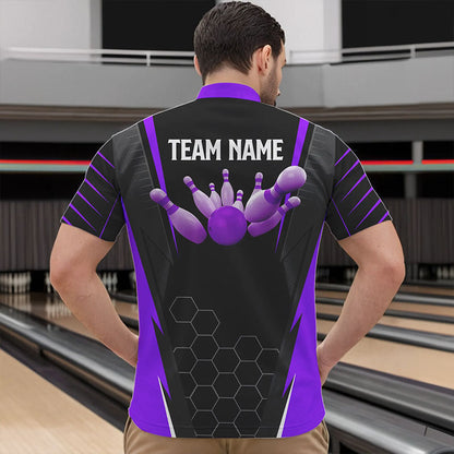 Schwarzes Herren-Bowling-Quarter-Zip-Shirt – Individueller Name, Herren-Bowler-Trikot, Team-Bowling-Outfits | Lila NQS6132