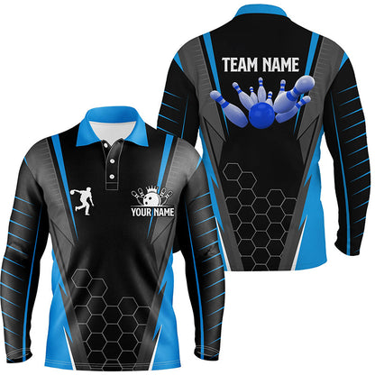 Schwarzes Herren-Bowling-Poloshirt – Individueller Name, Herren-Bowler-Trikot, Team-Bowling-Outfits | Blau NQS6133