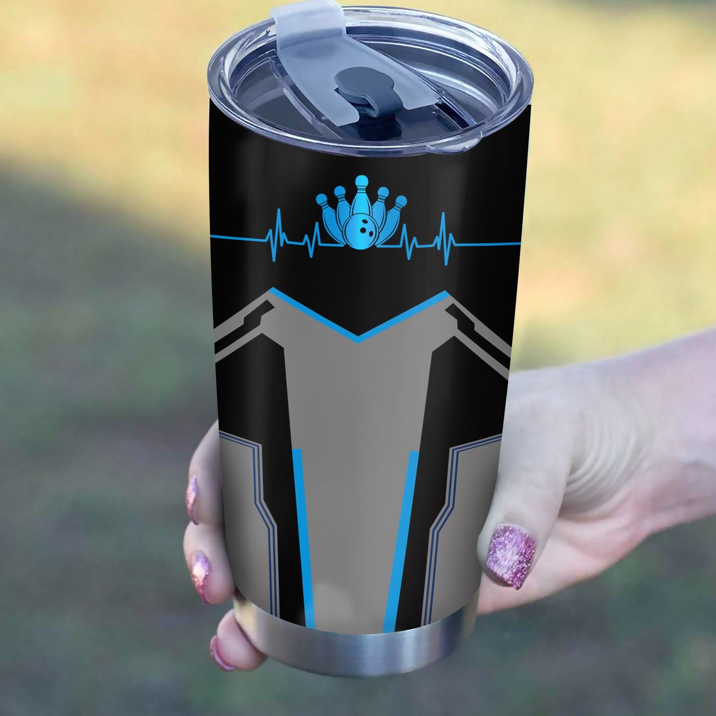 1 Stück blaue Bowlingkugel und Pins, personalisierte Tumbler-Tasse mit Teamname, personalisiertes Bowling-Getränkegeschirr NQS5228