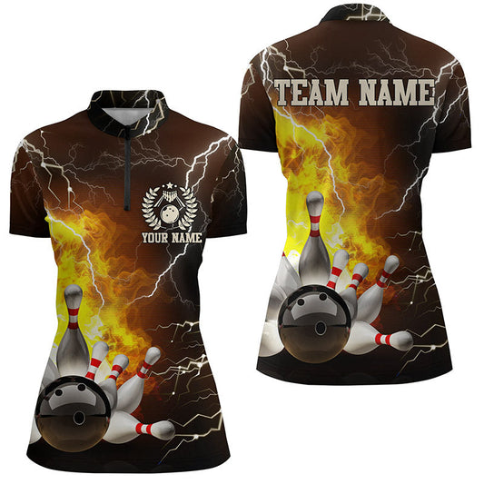 Damen-Bowling-Quarter-Zip-Shirts – Individuelle Flammen-Blitz-Bowling-Team-Trikots, Bowling-Liga-Shirt NQS6150