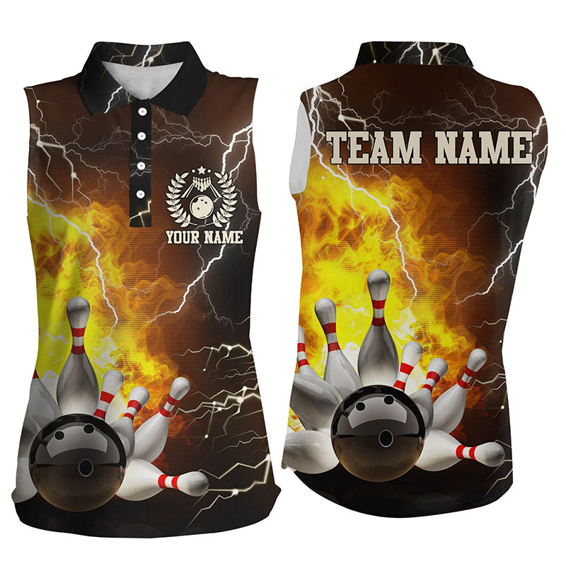Damen-Ärmellose Poloshirts – Individuelle Flammen-Blitz-Bowling-Team-Trikots, Bowling-Liga-Shirt NQS6150