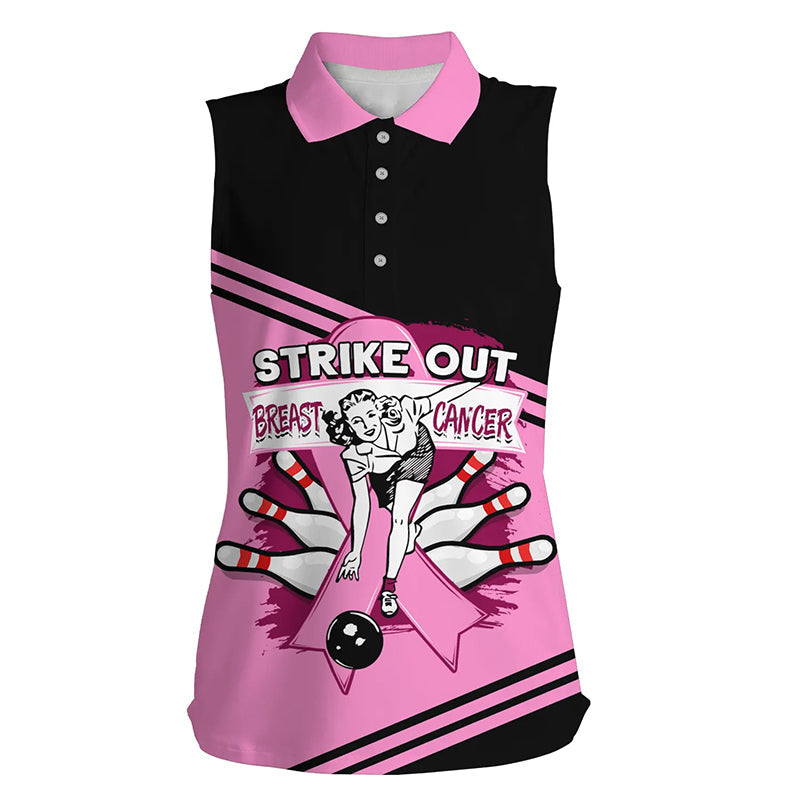 Pinkes Damen-Ärmelloses Bowling-Poloshirt – Retro „Strike Out Breast Cancer“ Bowling-Team-Trikot NQS6382