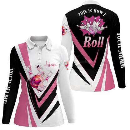 Damen-Bowling-Poloshirts – Individuelle pinke Bowlingkugel & Pins, „This is how I roll“ Bowling-Team-Trikot NQS6385