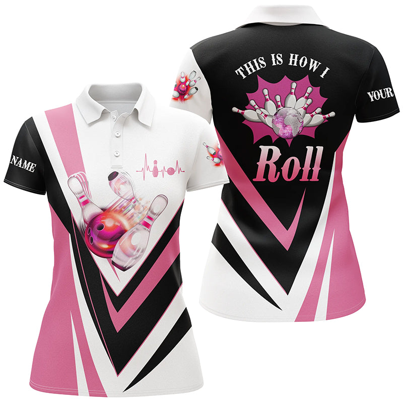 Damen-Bowling-Poloshirts – Individuelle pinke Bowlingkugel & Pins, „This is how I roll“ Bowling-Team-Trikot NQS6385