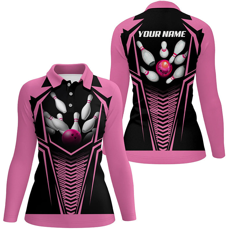 Individuelle Poloshirts mit Flammen-Bowlingkugel & Pins für Damen – Personalisierte Bowling-Team-Trikots | Pink NQS5495