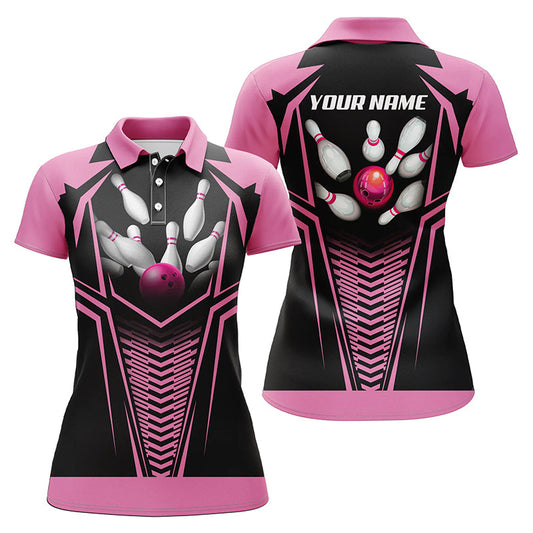 Individuelle Poloshirts mit Flammen-Bowlingkugel & Pins für Damen – Personalisierte Bowling-Team-Trikots | Pink NQS5495