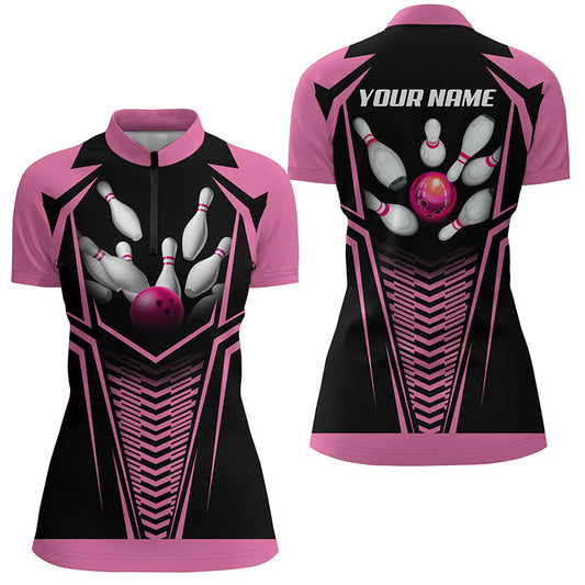 Individuelle Quarter-Zip-Shirts mit Flammen-Bowlingkugel & Pins für Damen – Personalisierte Bowling-Team-Trikots | Pink NQS5495