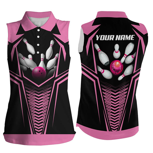 Ärmellose Poloshirts mit Flammen-Bowlingkugel & Pins für Damen – Personalisierte Bowling-Team-Trikots | Pink NQS5495