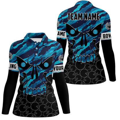Personalisierte Schädel-Bowling-Shirts für Damen – Individueller Teamname, blaue Tarnmuster-Bowler-Trikot Poloshirt NQS6410