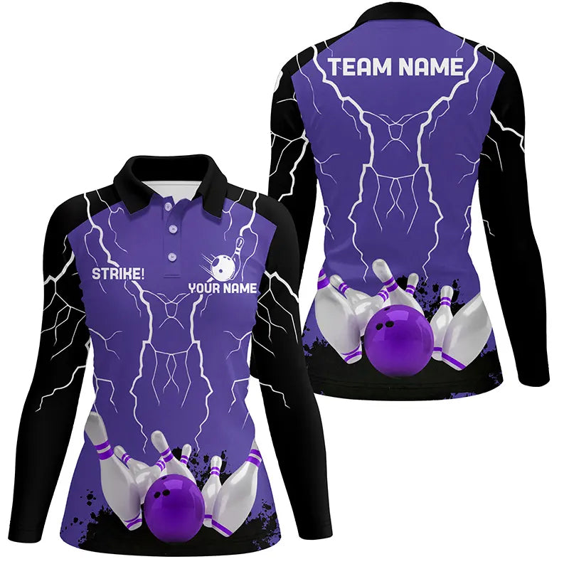 Damen-Bowling-Poloshirts – Individuelle Bowling-Strike Blitz-Sturm Team-Liga-Trikots | Lila NQS6645