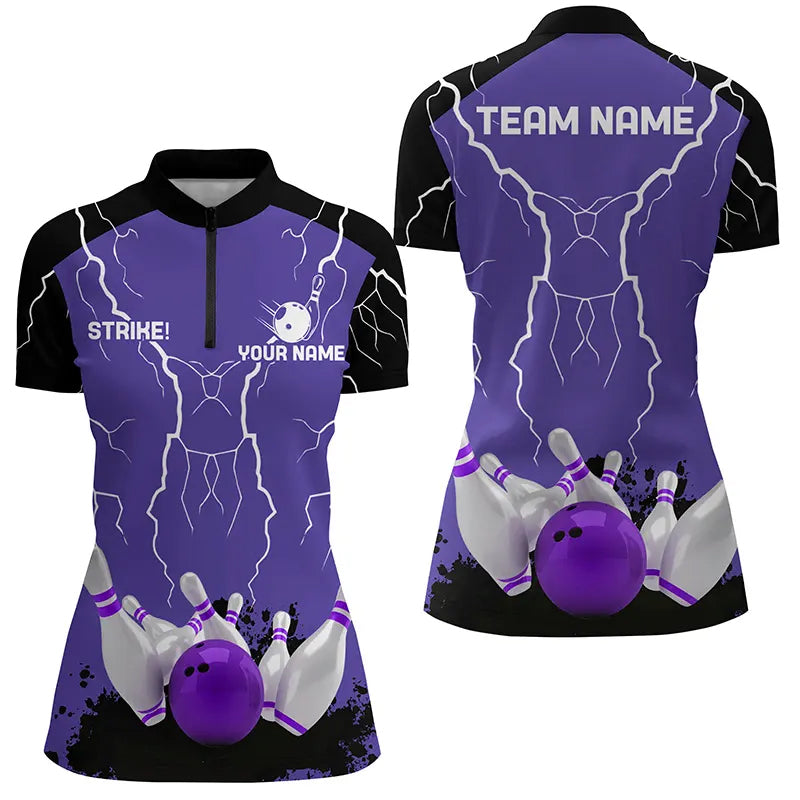 Damen-Bowling-Quarter-Zip-Shirts – Individuelle Bowling-Strike Blitz-Sturm Team-Liga-Trikots | Lila NQS6645