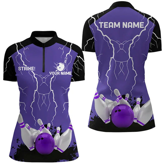 Damen-Bowling-Quarter-Zip-Shirts – Individuelle Bowling-Strike Blitz-Sturm Team-Liga-Trikots | Lila NQS6645